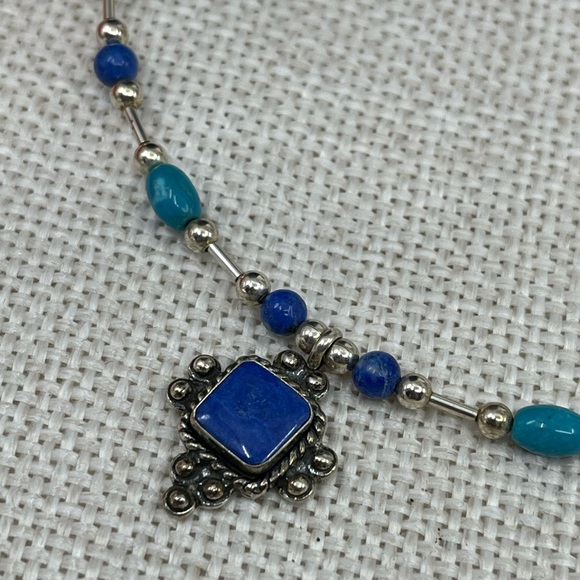 Vintage Southwestern Flexible Sterling Silver Necklace with Lapis & Turquoise - Picture 3 of 15